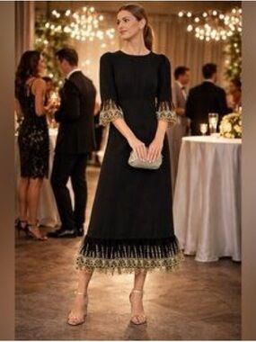 TUCKERNUCK/ Pomander Place, Black Midi Dress with Gold Lace Trim, size M